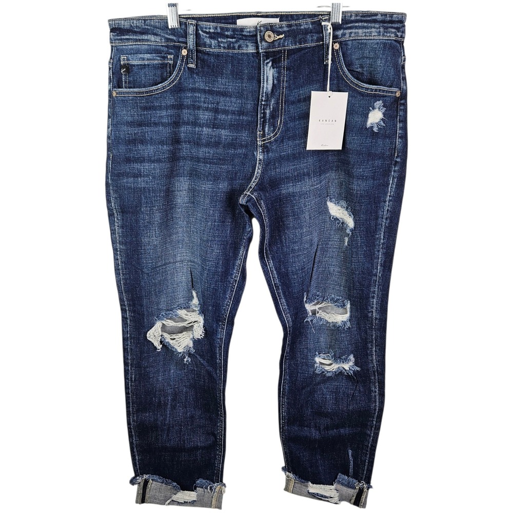 KanCan Distressed Ankle Boyfriend Jeans Dark Wash Ripped Denim Size 15/31